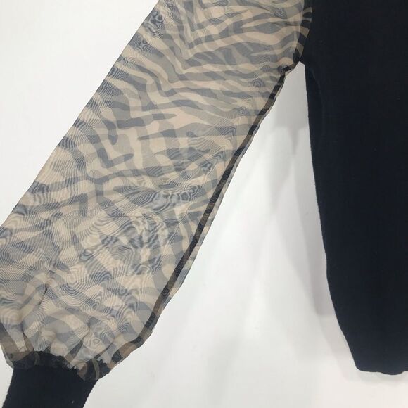 Sioni Milano Black Knit Semi Sheer Zebra Sleeve Pullover Mock Neck Sweater - Picture 8 of 12